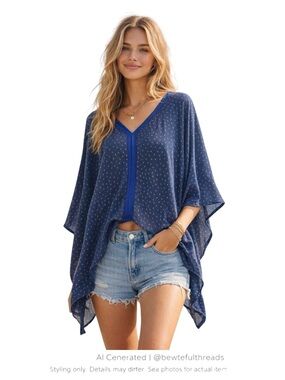 Boho Batwing Cape Top Blue Polka Dot Lightweight Festival OS